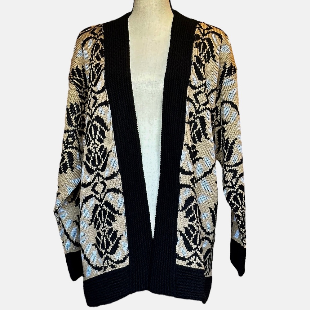Bedford Fair Vintage Tan And Black Knit  Open‎ Front Long Sleeve Cardigan Size L